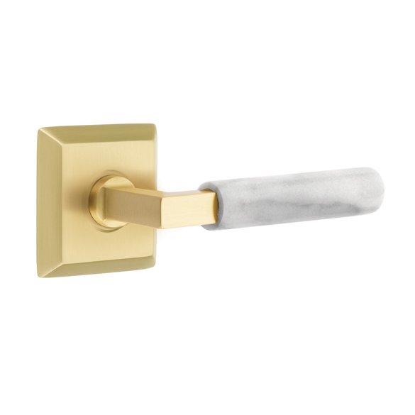 Emtek Double Dummy White Marble Right Handed Lever With L-Square Stem And Quincy Rose In Satin Brass