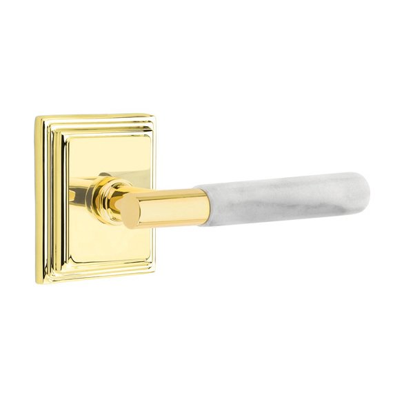Emtek Double Dummy White Marble Right Handed Lever With T-Bar Stem And Wilshire Rose In Unlacquered Brass