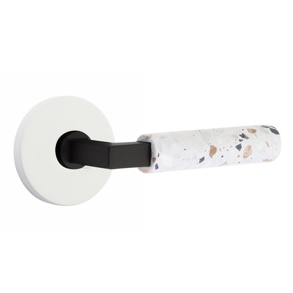 Emtek Passage Disk Rosette in Matte White and L-Square in Flat Black Stem with Right Handed Light Terrazzo Lever