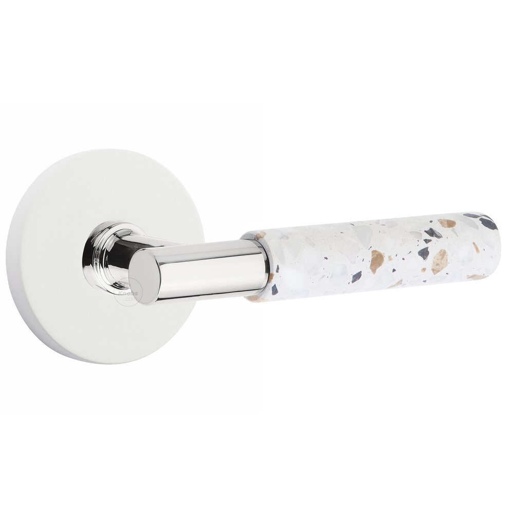 Emtek Concealed Passage Disk Rosette in Matte White and T-Bar in Polished Chrome Stem with Reversible Handed Light Terrazzo Lever