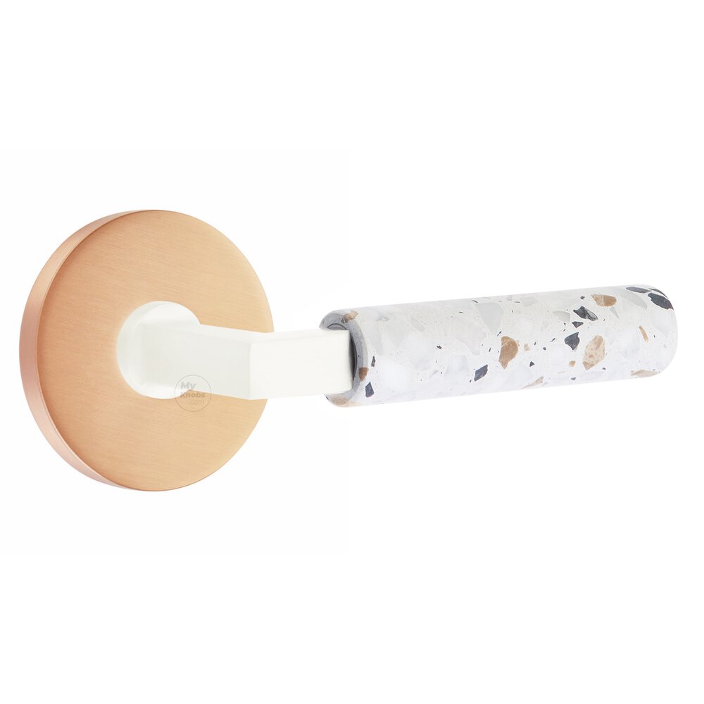 Emtek Concealed Privacy Disk Rosette in Satin Rose Gold and L-Square in Matte White Stem with Reversible Handed Light Terrazzo Lever