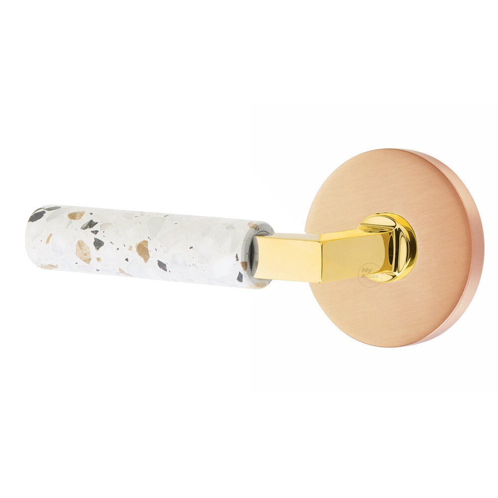Emtek Privacy Disk Rosette in Satin Rose Gold and L-Square in Unlacquered Brass Stem with Left Handed Light Terrazzo Lever