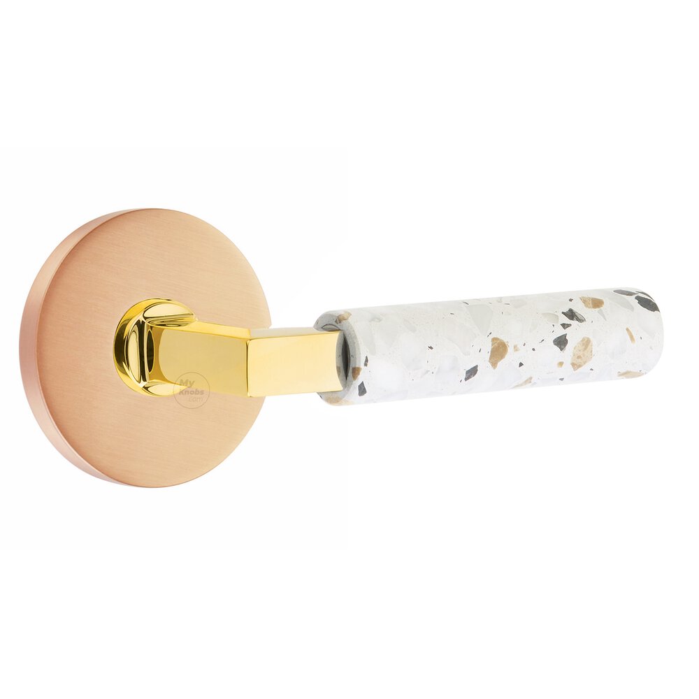 Emtek Concealed Passage Disk Rosette in Satin Rose Gold and L-Square in Unlacquered Brass Stem with Reversible Handed Light Terrazzo Lever