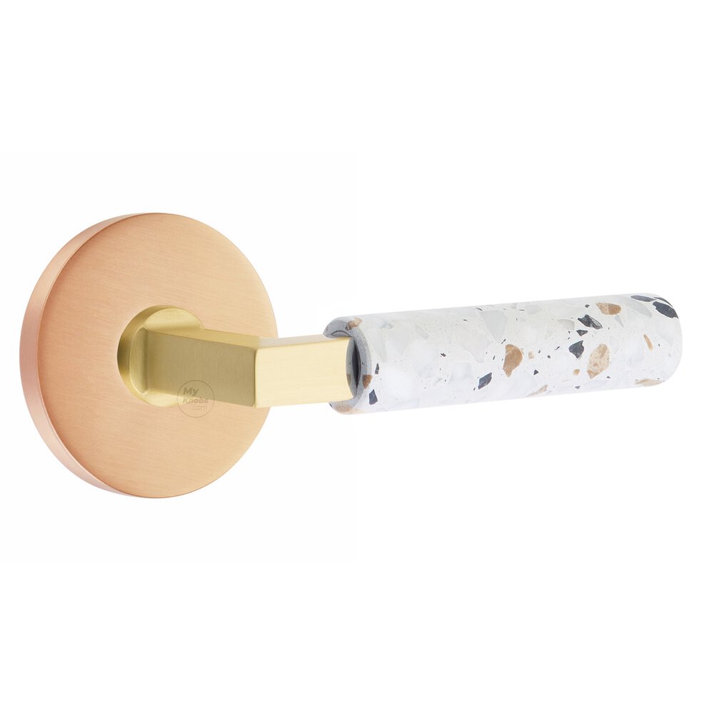 Emtek Concealed Passage Disk Rosette in Satin Rose Gold and L-Square in Satin Brass Stem with Reversible Handed Light Terrazzo Lever