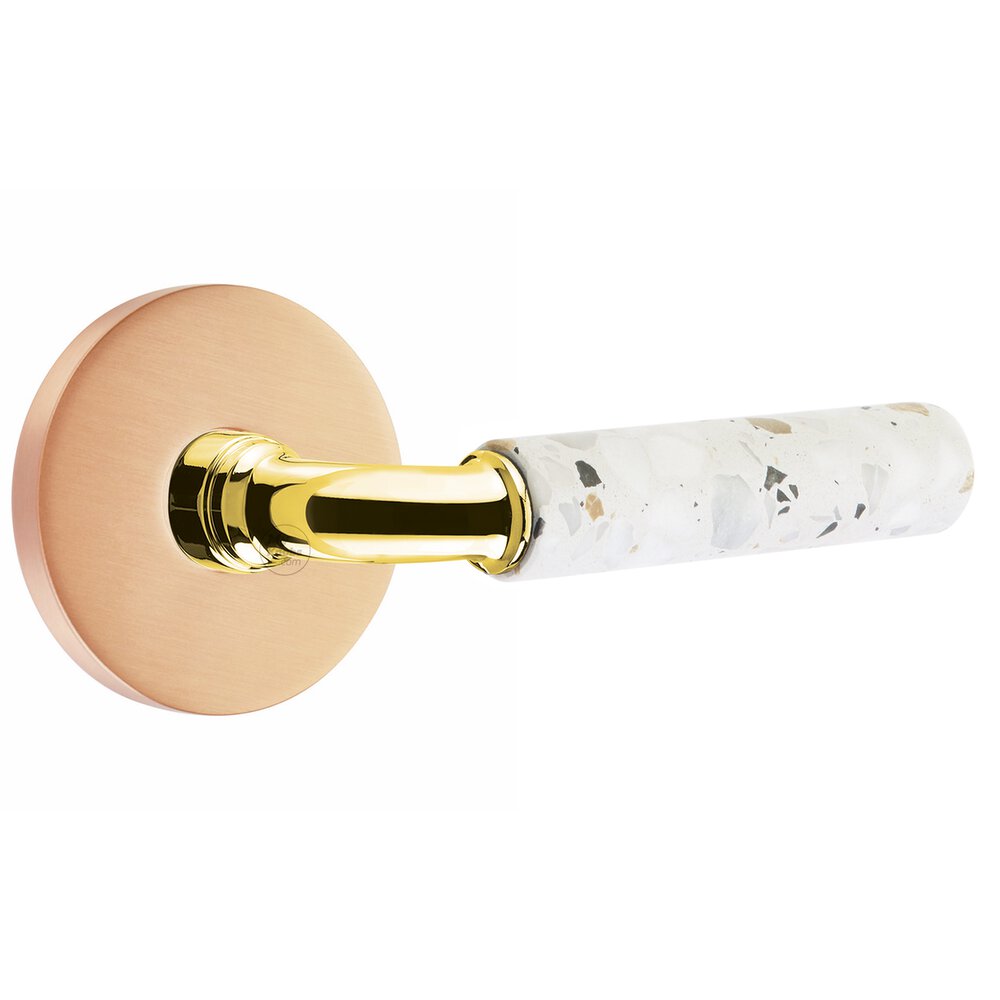 Emtek Privacy Disk Rosette in Satin Rose Gold and R-Bar in Unlacquered Brass Stem with Right Handed Light Terrazzo Lever