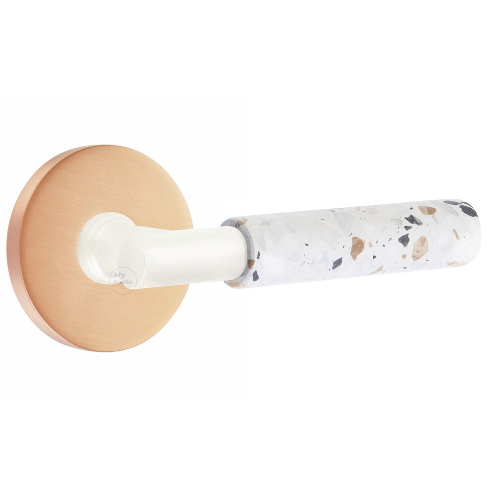 Emtek Privacy Disk Rosette in Satin Rose Gold and T-Bar in Matte White Stem with Right Handed Light Terrazzo Lever
