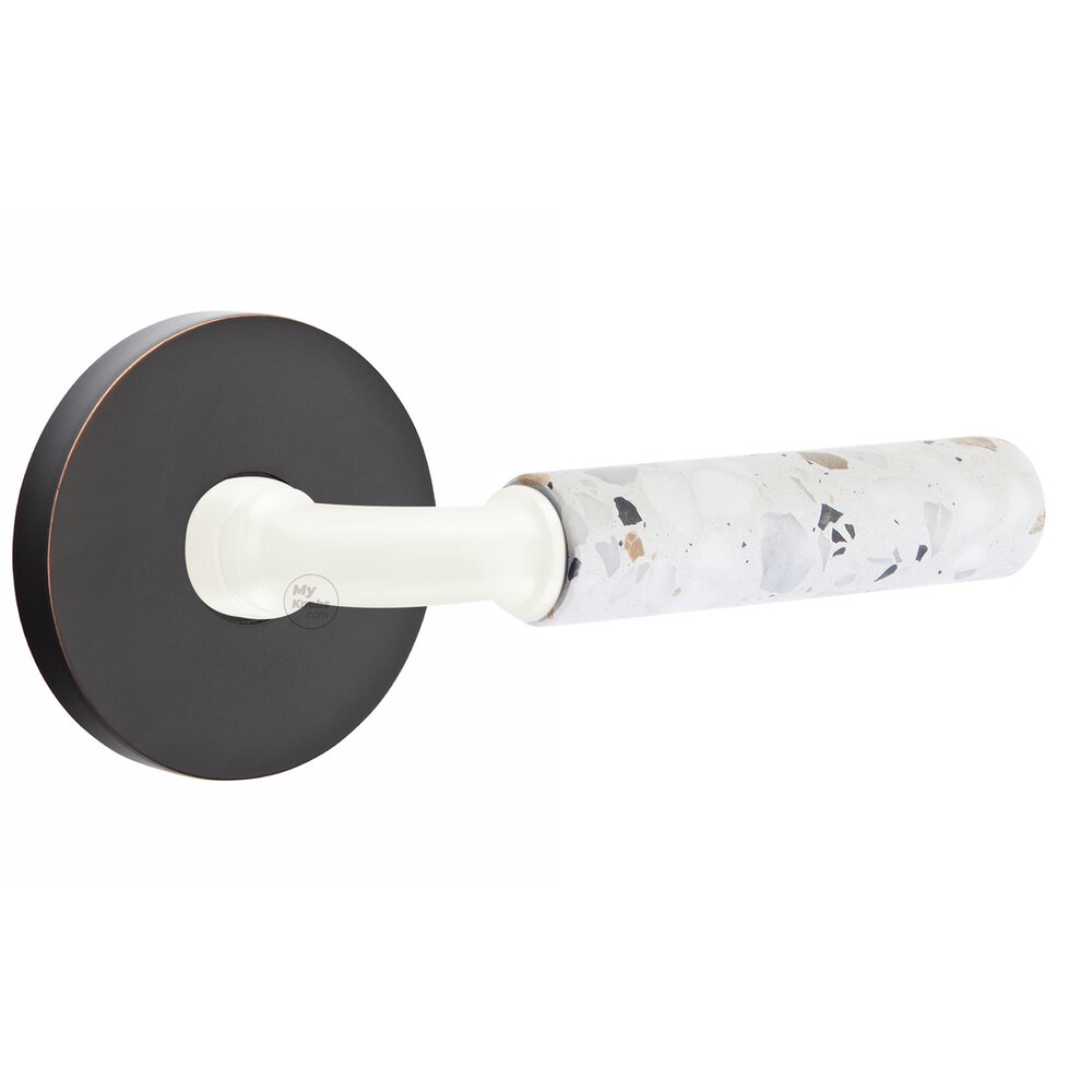 Emtek Concealed Passage Disk Rosette in Oil Rubbed Bronze and R-Bar in Matte White Stem with Reversible Handed Light Terrazzo Lever