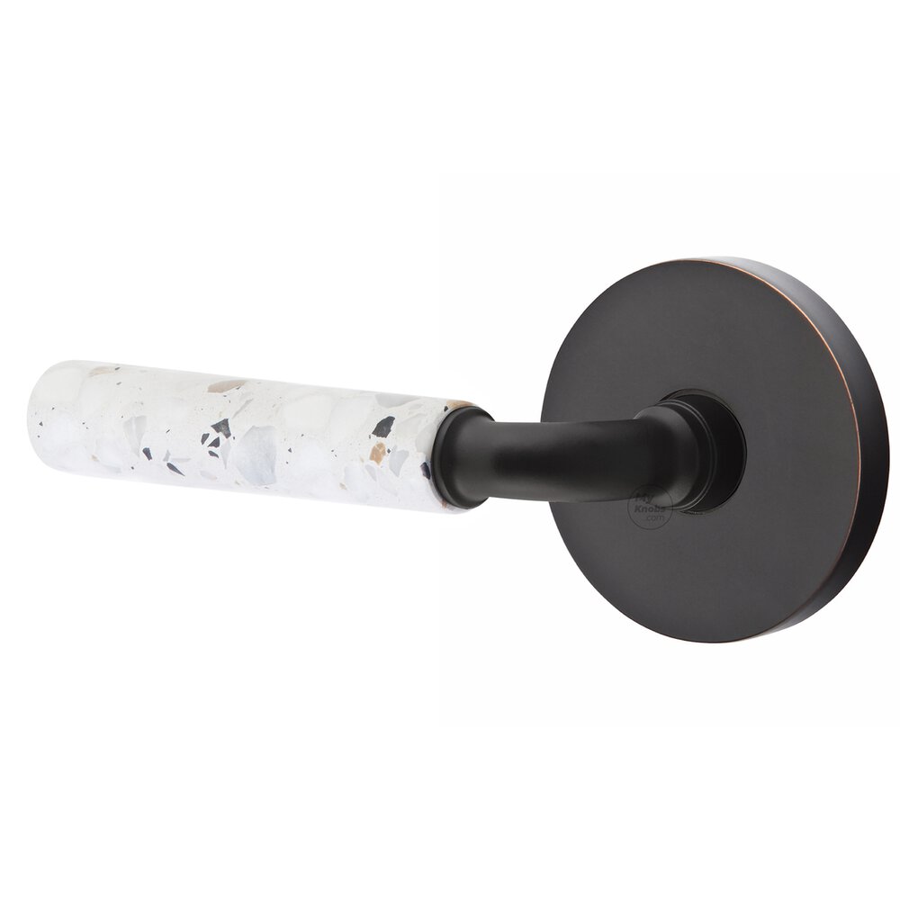 Emtek Privacy Disk Rosette in Oil Rubbed Bronze and R-Bar in Flat Black Stem with Left Handed Light Terrazzo Lever