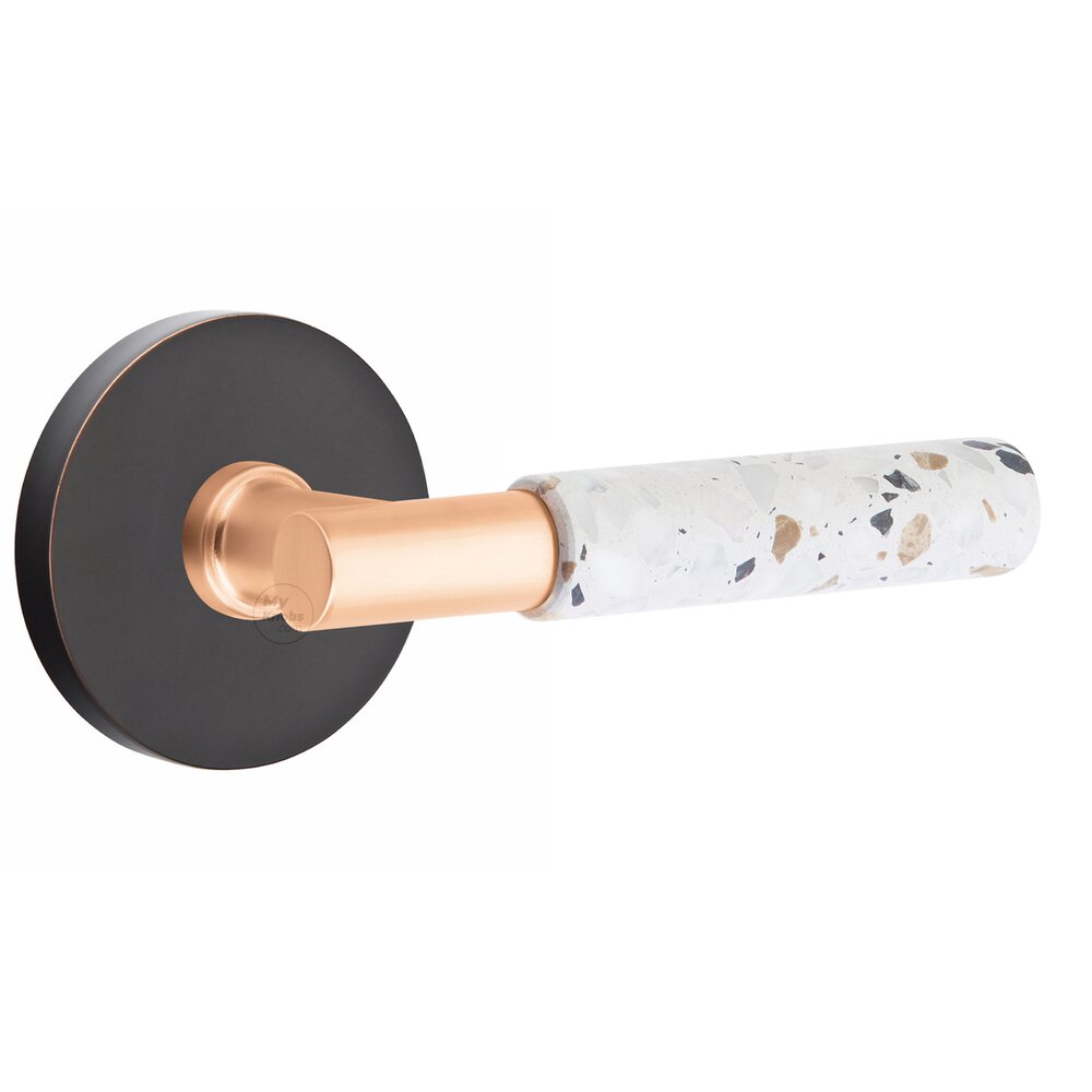 Emtek Double Dummy Disk Rosette in Oil Rubbed Bronze and T-Bar in Satin Rose Gold Stem with Reversible Handed Light Terrazzo Lever