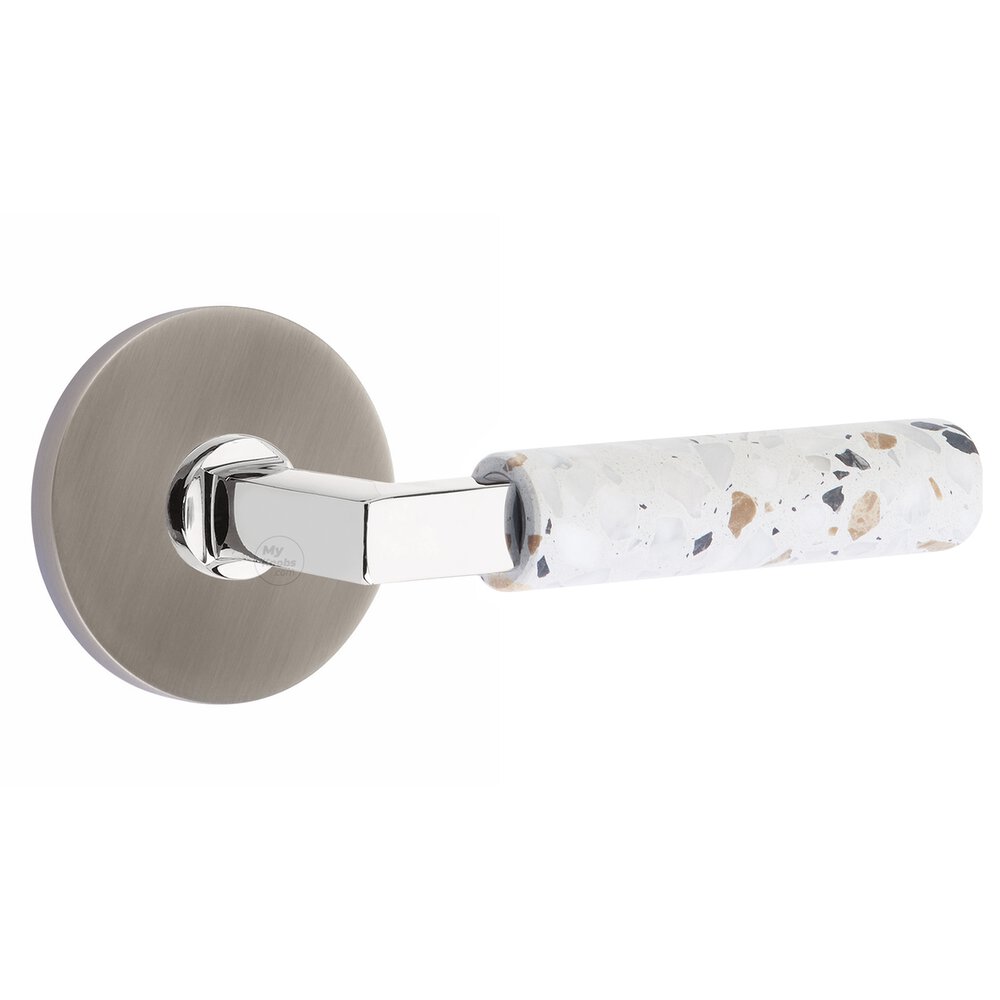 Emtek Concealed Privacy Disk Rosette in Pewter and L-Square in Polished Chrome Stem with Reversible Handed Light Terrazzo Lever
