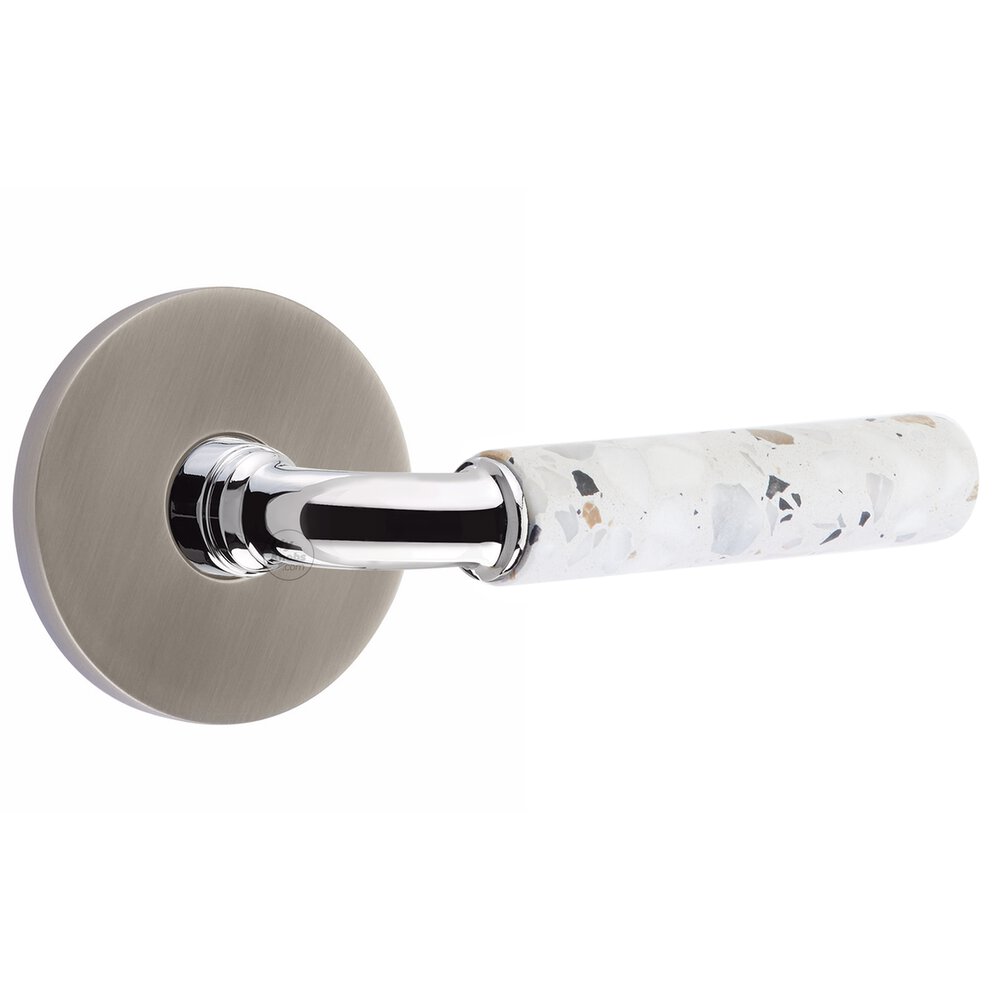 Emtek Concealed Privacy Disk Rosette in Pewter and R-Bar in Polished Chrome Stem with Reversible Handed Light Terrazzo Lever