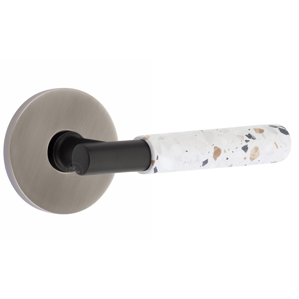 Emtek Privacy Disk Rosette in Pewter and T-Bar in Flat Black Stem with Right Handed Light Terrazzo Lever