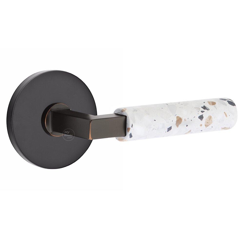 Emtek Concealed Privacy Disk Rosette in Flat Black and L-Square in Oil Rubbed Bronze Stem with Reversible Handed Light Terrazzo Lever
