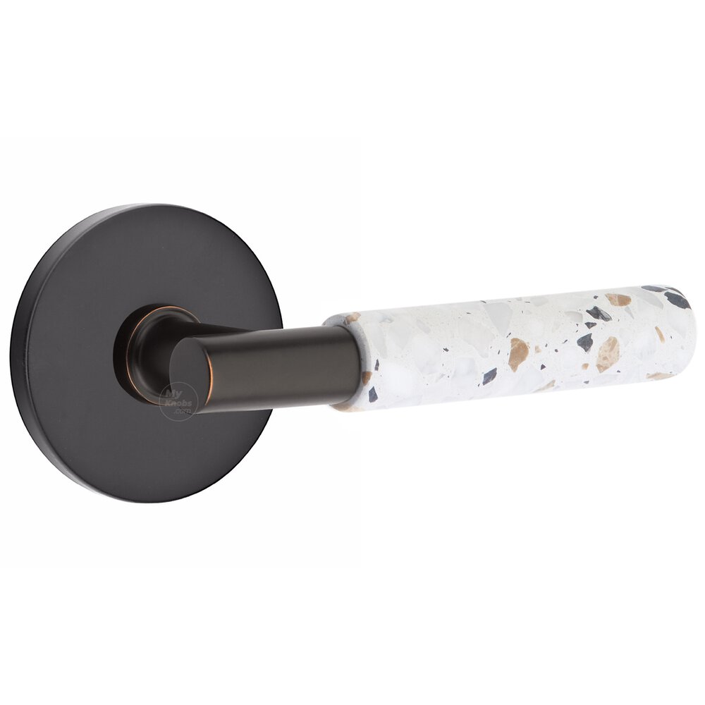 Emtek Concealed Privacy Disk Rosette in Flat Black and T-Bar in Oil Rubbed Bronze Stem with Reversible Handed Light Terrazzo Lever