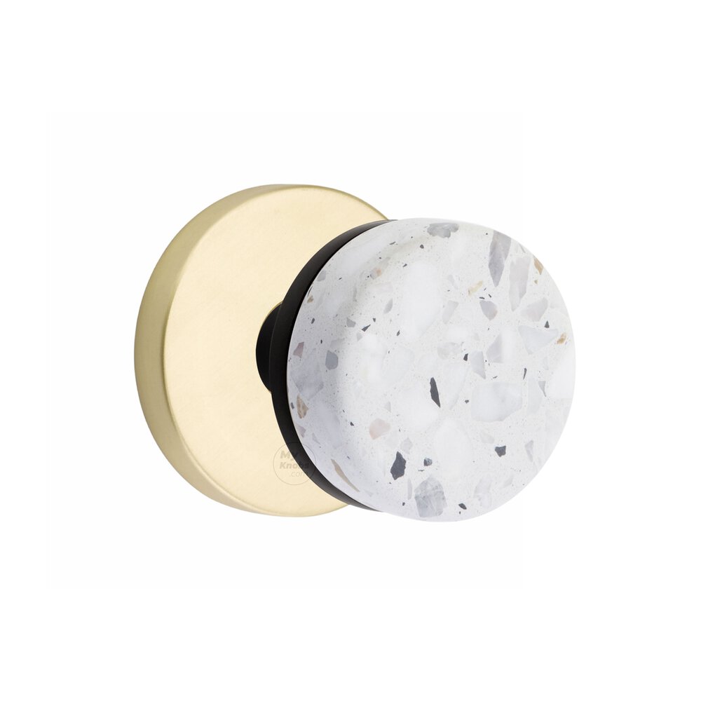 Emtek Concealed Passage Disk Rosette in Satin Brass and Conical in Flat Black Stem with Knob Handed Light Terrazzo Knob