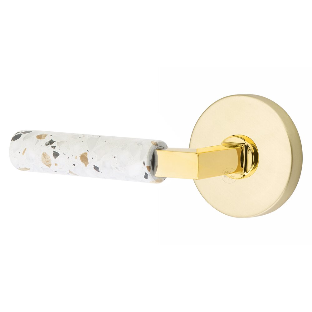 Emtek Privacy Disk Rosette in Satin Brass and L-Square in Unlacquered Brass Stem with Left Handed Light Terrazzo Lever