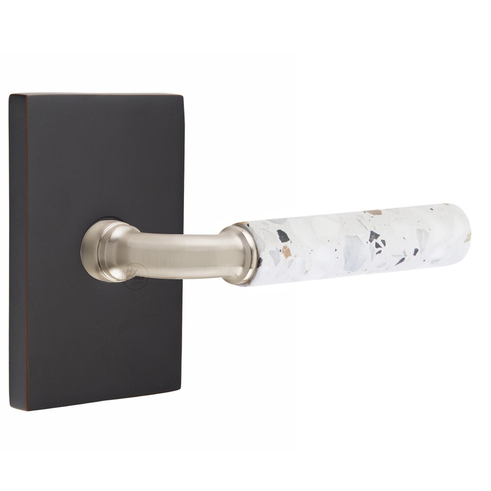 Emtek Concealed Privacy Modern Rectangular Rosette in Oil Rubbed Bronze and R-Bar in Satin Nickel Stem with Reversible Handed Light Terrazzo Lever