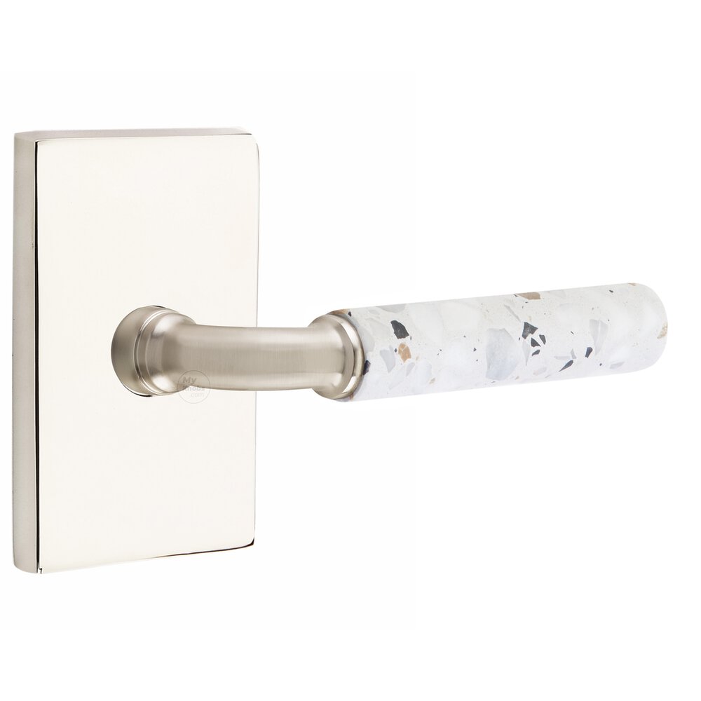 Emtek Privacy Modern Rectangular Rosette in Polished Nickel and R-Bar in Satin Nickel Stem with Right Handed Light Terrazzo Lever