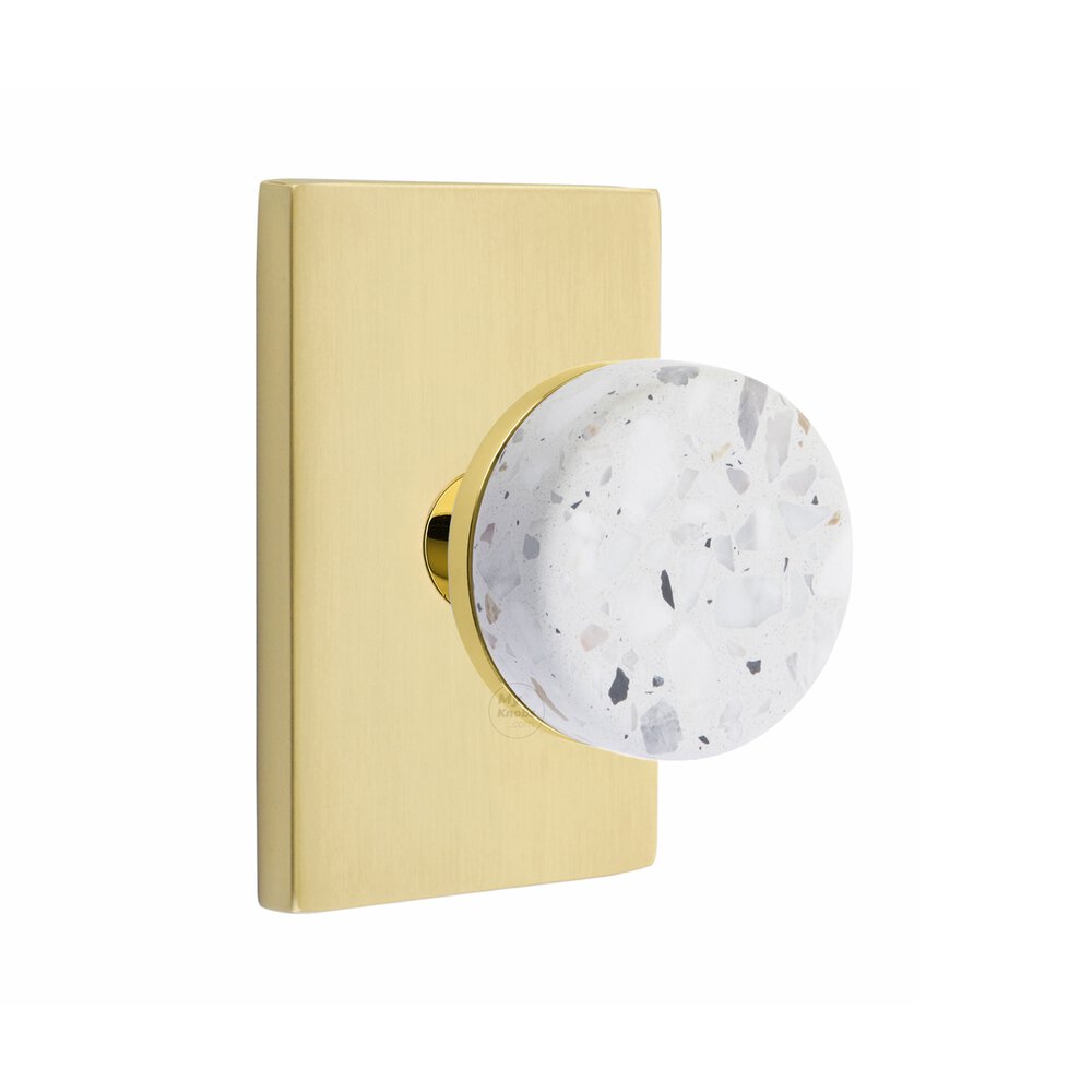 Emtek Concealed Passage Modern Rectangular Rosette in Satin Brass and Conical in Unlacquered Brass Stem with Knob Handed Light Terrazzo Knob