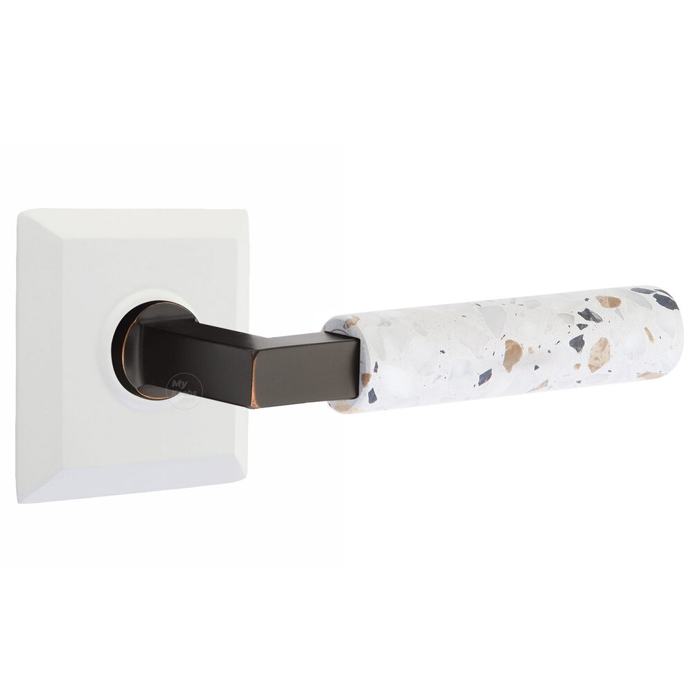 Emtek Concealed Passage Quincy Rosette in Matte White and L-Square in Oil Rubbed Bronze Stem with Reversible Handed Light Terrazzo Lever