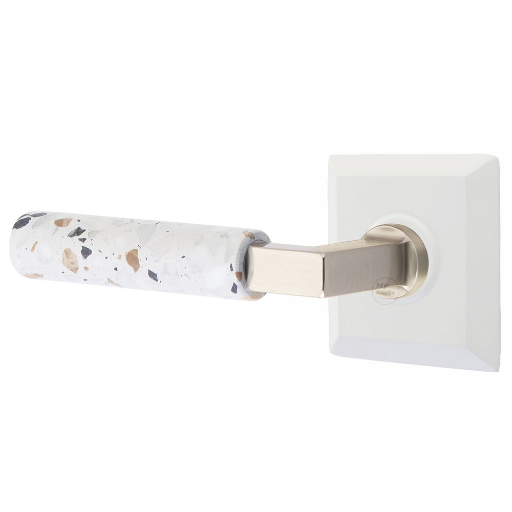 Emtek Privacy Quincy Rosette in Matte White and L-Square in Satin Nickel Stem with Left Handed Light Terrazzo Lever