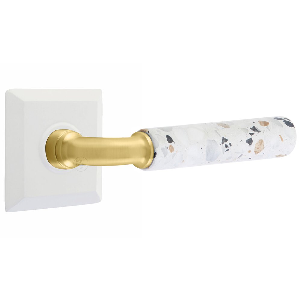 Emtek Concealed Passage Quincy Rosette in Matte White and R-Bar in Satin Brass Stem with Reversible Handed Light Terrazzo Lever
