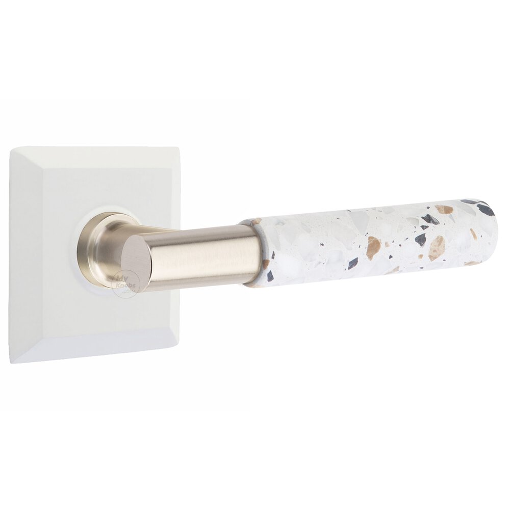 Emtek Concealed Passage Quincy Rosette in Matte White and T-Bar in Satin Nickel Stem with Reversible Handed Light Terrazzo Lever