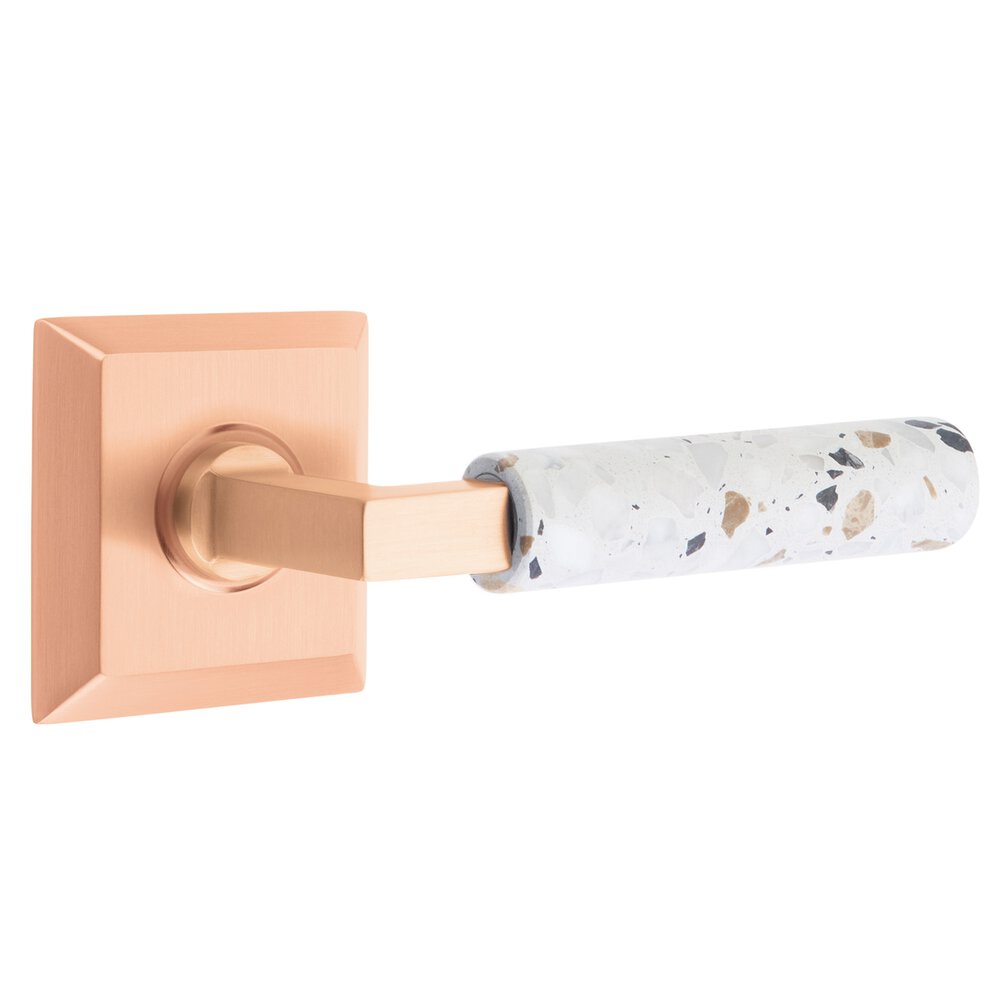 Emtek Concealed Privacy Quincy Rosette in Satin Rose Gold and L-Square in Satin Rose Gold Stem with Reversible Handed Light Terrazzo Lever