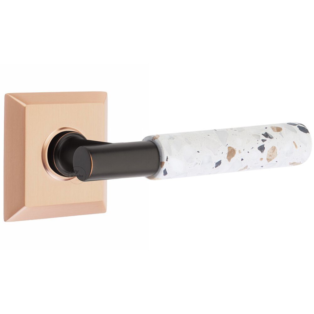 Emtek Concealed Privacy Quincy Rosette in Satin Rose Gold and T-Bar in Oil Rubbed Bronze Stem with Reversible Handed Light Terrazzo Lever
