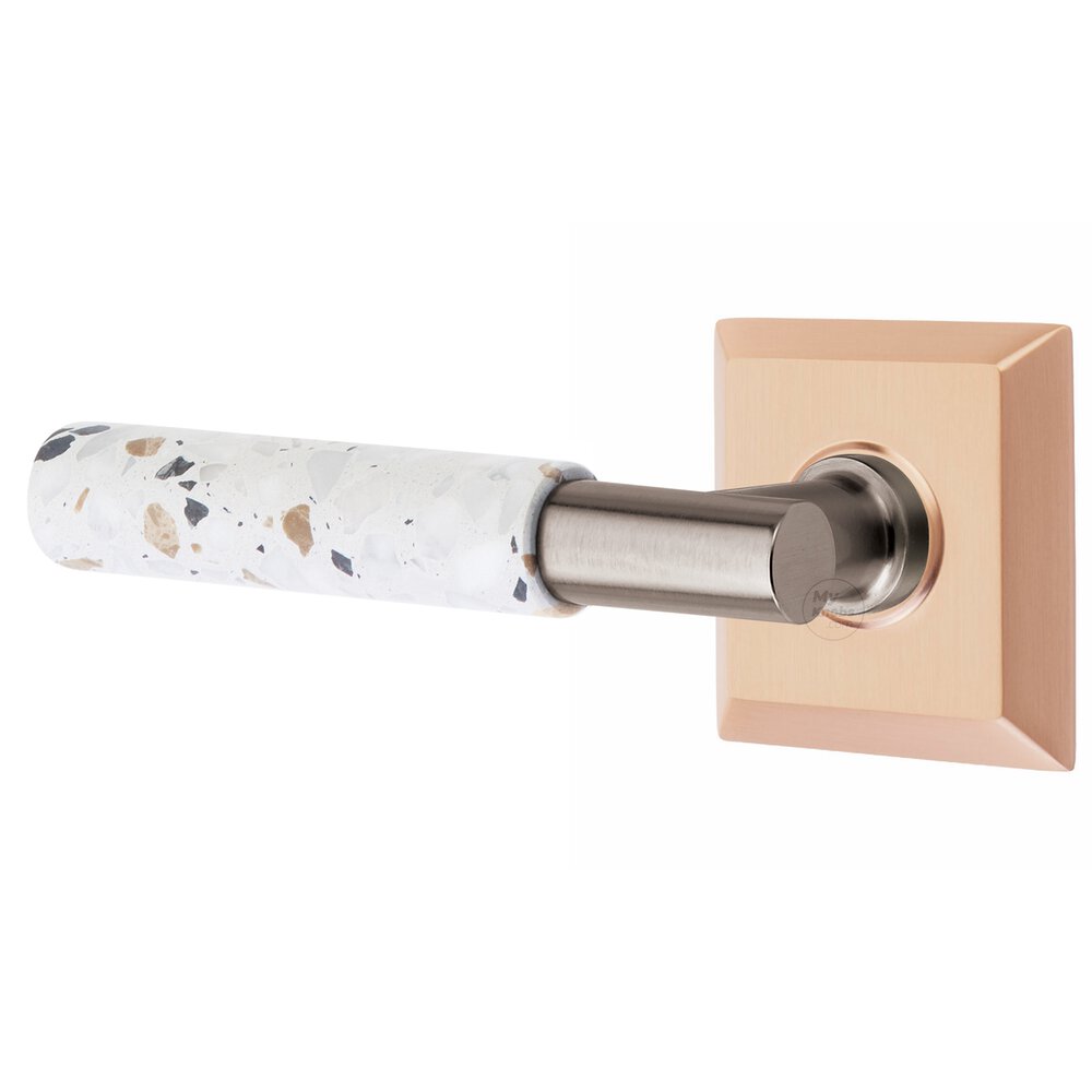 Emtek Privacy Quincy Rosette in Satin Rose Gold and T-Bar in Pewter Stem with Left Handed Light Terrazzo Lever
