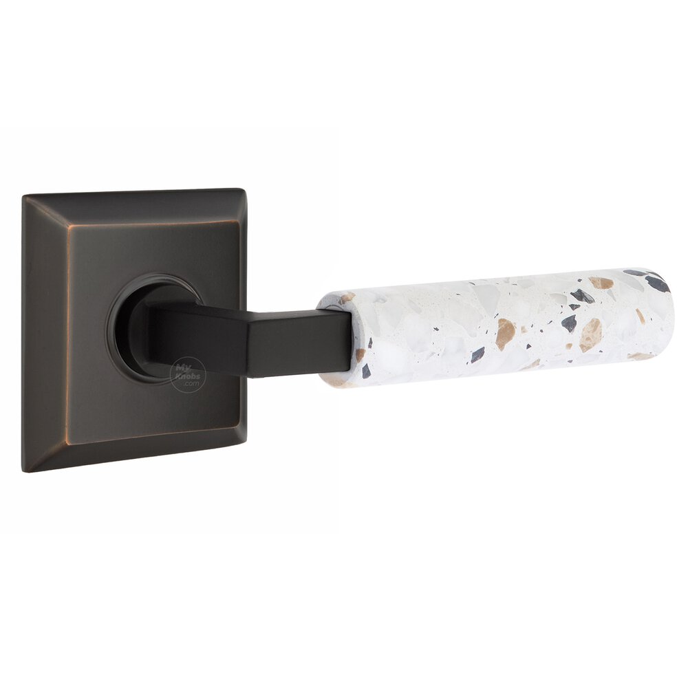 Emtek Concealed Privacy Quincy Rosette in Oil Rubbed Bronze and L-Square in Flat Black Stem with Reversible Handed Light Terrazzo Lever