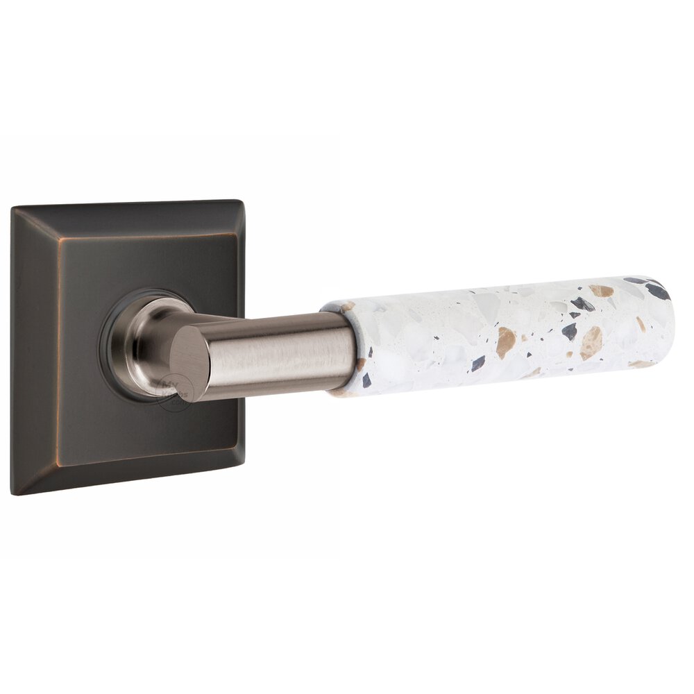 Emtek Privacy Quincy Rosette in Oil Rubbed Bronze and T-Bar in Pewter Stem with Right Handed Light Terrazzo Lever