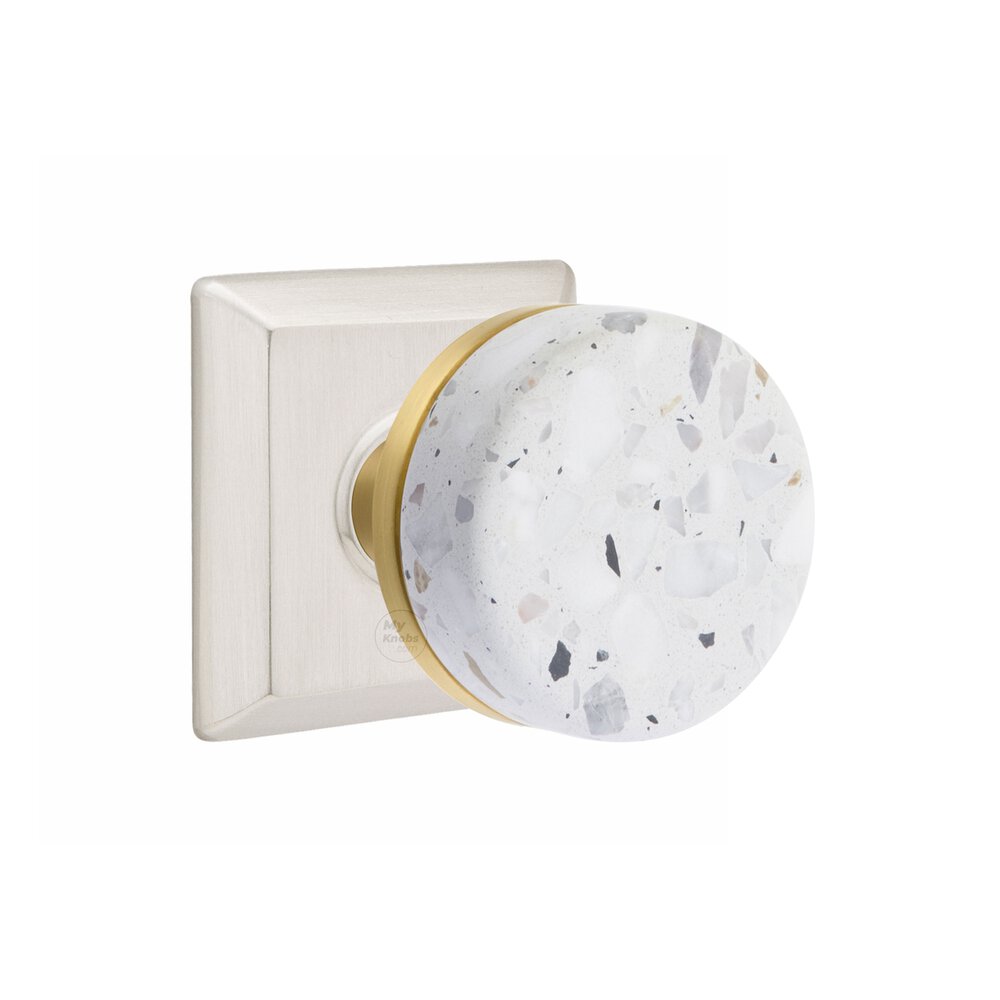 Emtek Passage Quincy Rosette in Satin Nickel and Conical Stem in Satin Brass with Light Terrazzo Knob