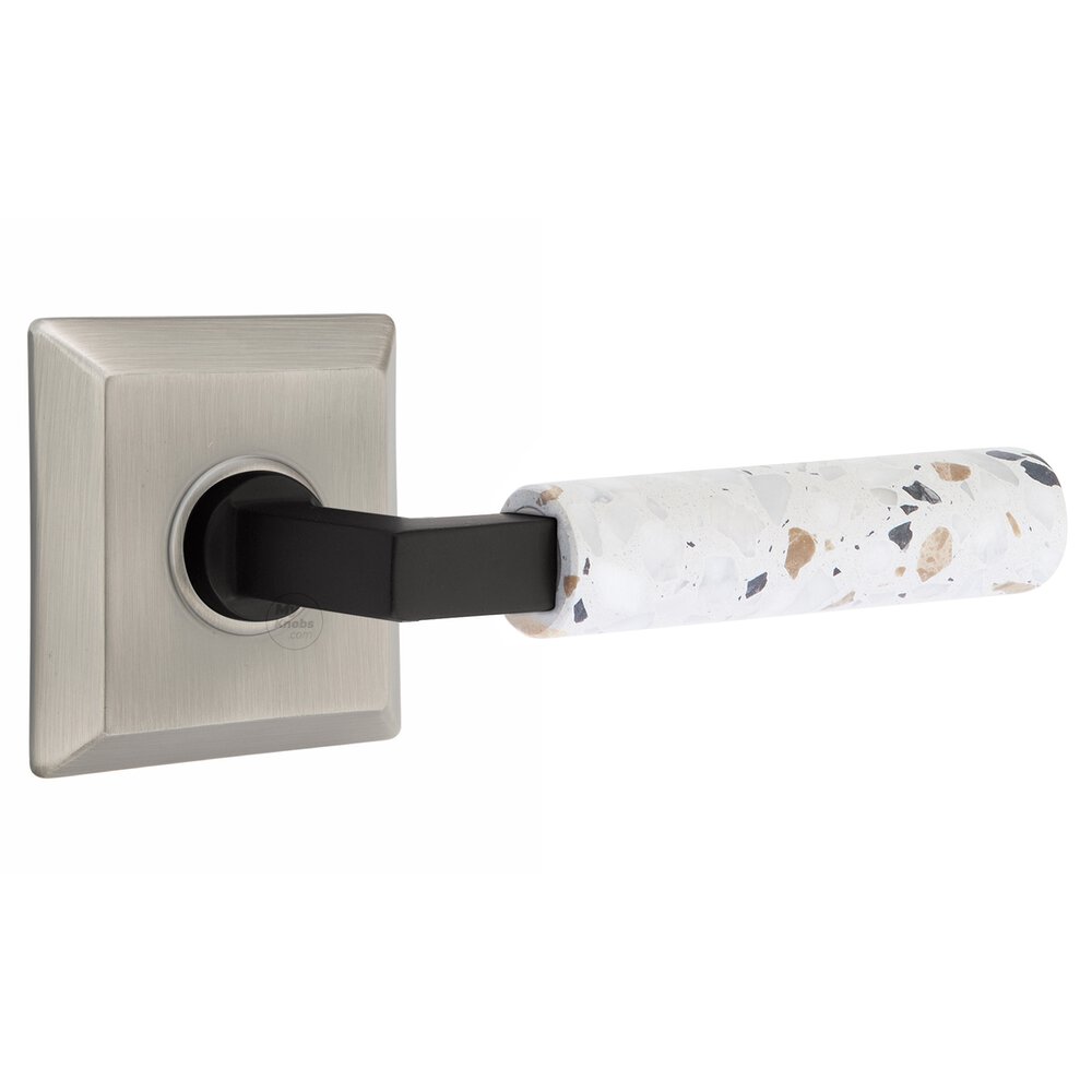 Emtek Concealed Privacy Quincy Rosette in Pewter and L-Square in Flat Black Stem with Reversible Handed Light Terrazzo Lever
