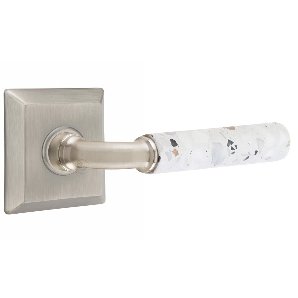 Emtek Double Dummy Quincy Rosette in Pewter and R-Bar in Satin Nickel Stem with Reversible Handed Light Terrazzo Lever