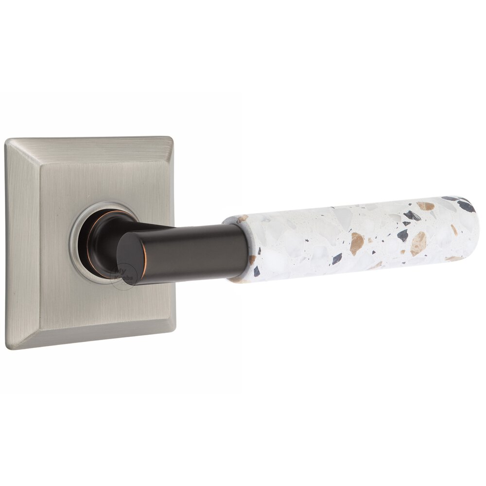 Emtek Privacy Quincy Rosette in Pewter and T-Bar in Oil Rubbed Bronze Stem with Right Handed Light Terrazzo Lever