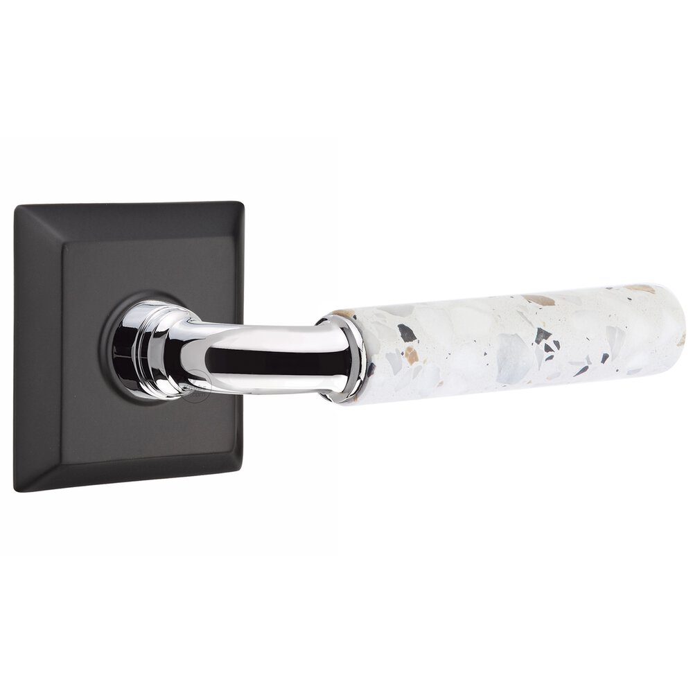 Emtek Concealed Privacy Quincy Rosette in Flat Black and R-Bar in Polished Chrome Stem with Reversible Handed Light Terrazzo Lever