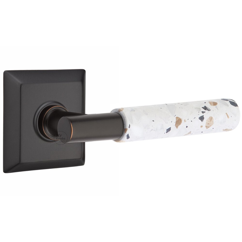 Emtek Single Dummy Quincy Rosette in Flat Black and T-Bar in Oil Rubbed Bronze Stem with Reversible Handed Light Terrazzo Lever