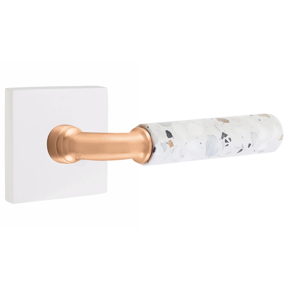 Emtek Privacy Square Rosette in Matte White and R-Bar in Satin Rose Gold Stem with Right Handed Light Terrazzo Lever