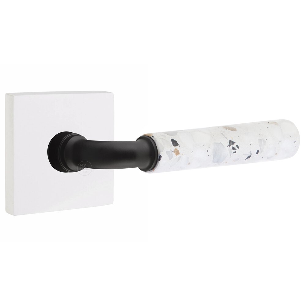 Emtek Concealed Privacy Square Rosette in Matte White and R-Bar in Flat Black Stem with Reversible Handed Light Terrazzo Lever