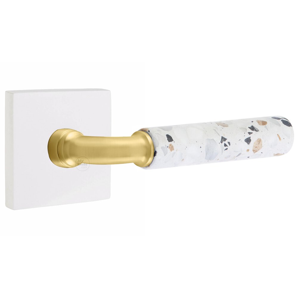 Emtek Privacy Square Rosette in Matte White and R-Bar in Satin Brass Stem with Right Handed Light Terrazzo Lever