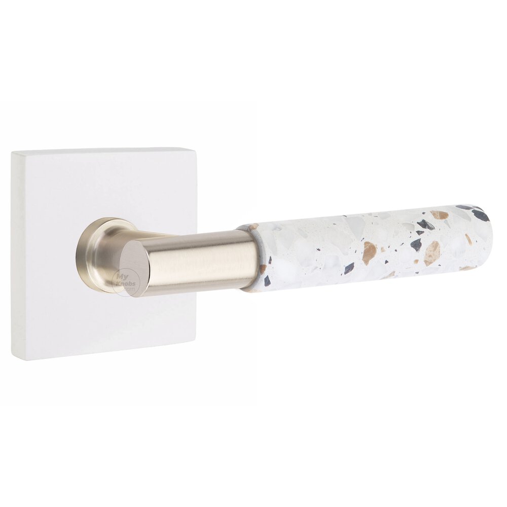 Emtek Concealed Privacy Square Rosette in Matte White and T-Bar in Satin Nickel Stem with Reversible Handed Light Terrazzo Lever