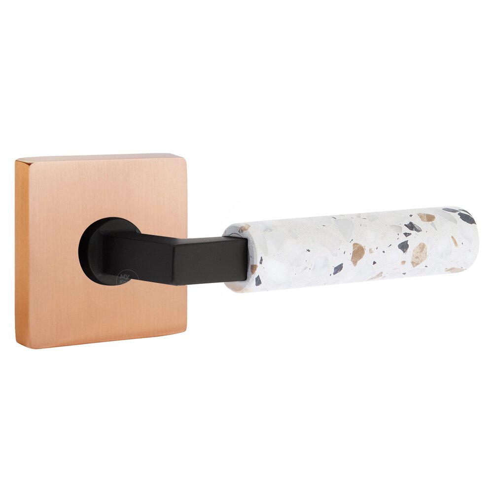 Emtek Concealed Privacy Square Rosette in Satin Rose Gold and L-Square in Flat Black Stem with Reversible Handed Light Terrazzo Lever