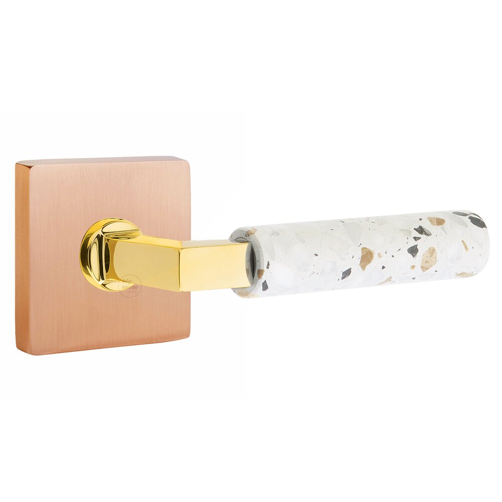 Emtek Double Dummy Square Rosette in Satin Rose Gold and L-Square in Unlacquered Brass Stem with Reversible Handed Light Terrazzo Lever