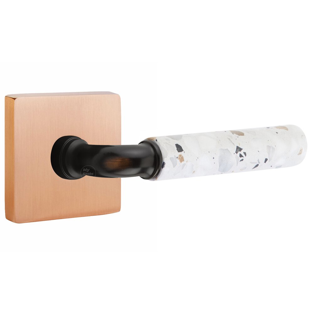 Emtek Concealed Privacy Square Rosette in Satin Rose Gold and R-Bar in Oil Rubbed Bronze Stem with Reversible Handed Light Terrazzo Lever