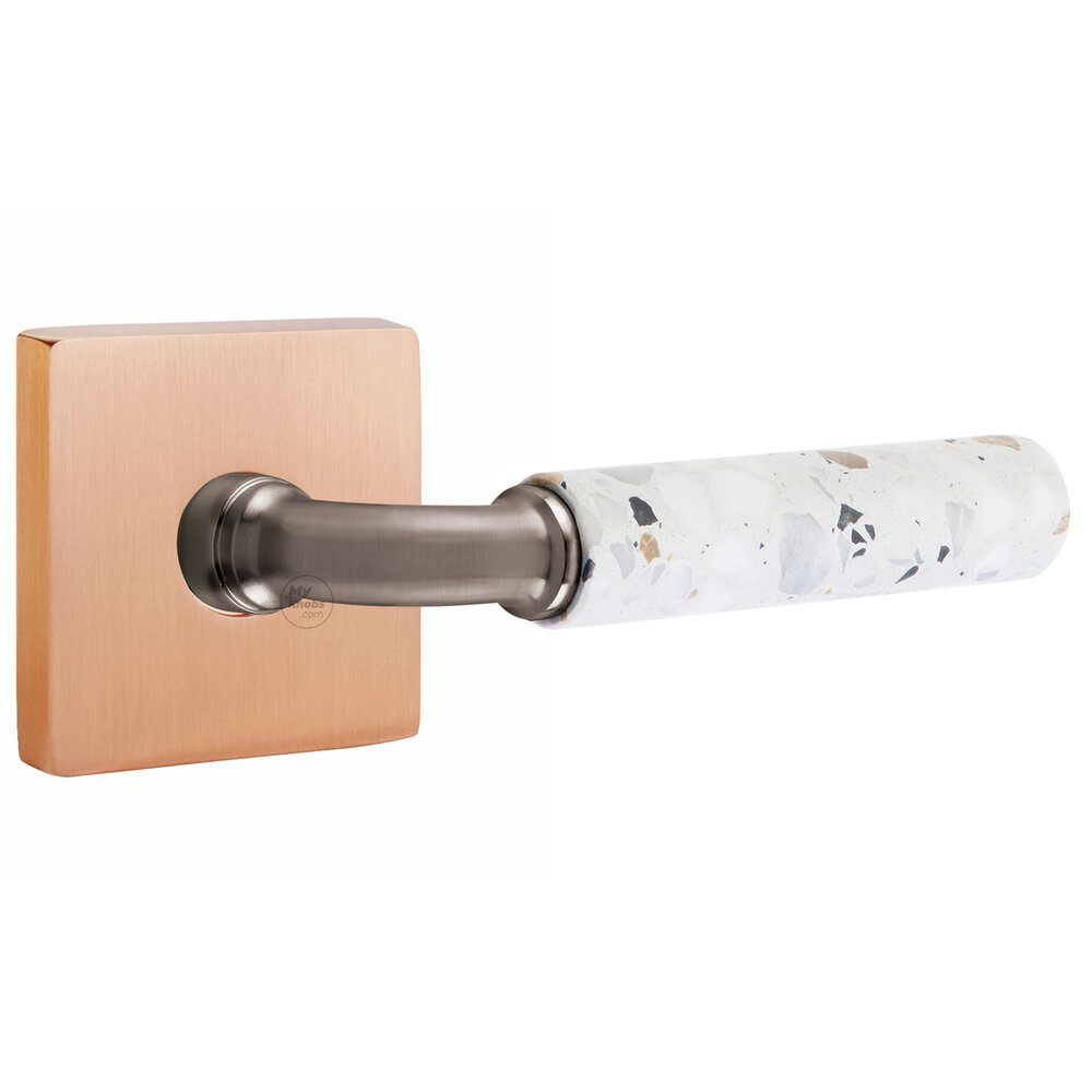 Emtek Concealed Passage Square Rosette in Satin Rose Gold and R-Bar in Pewter Stem with Reversible Handed Light Terrazzo Lever