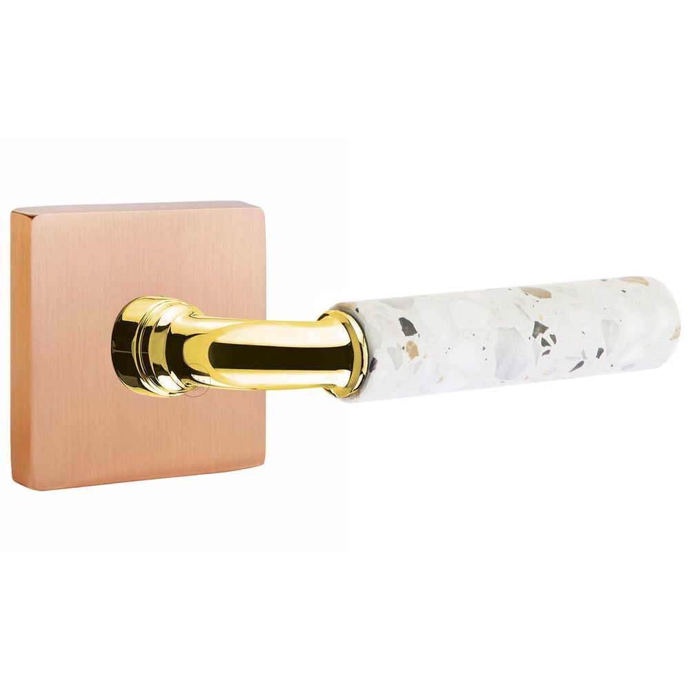Emtek Privacy Square Rosette in Satin Rose Gold and R-Bar in Unlacquered Brass Stem with Right Handed Light Terrazzo Lever