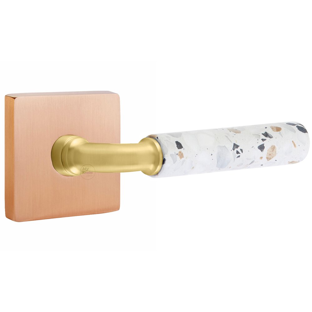 Emtek Concealed Passage Square Rosette in Satin Rose Gold and R-Bar in Satin Brass Stem with Reversible Handed Light Terrazzo Lever