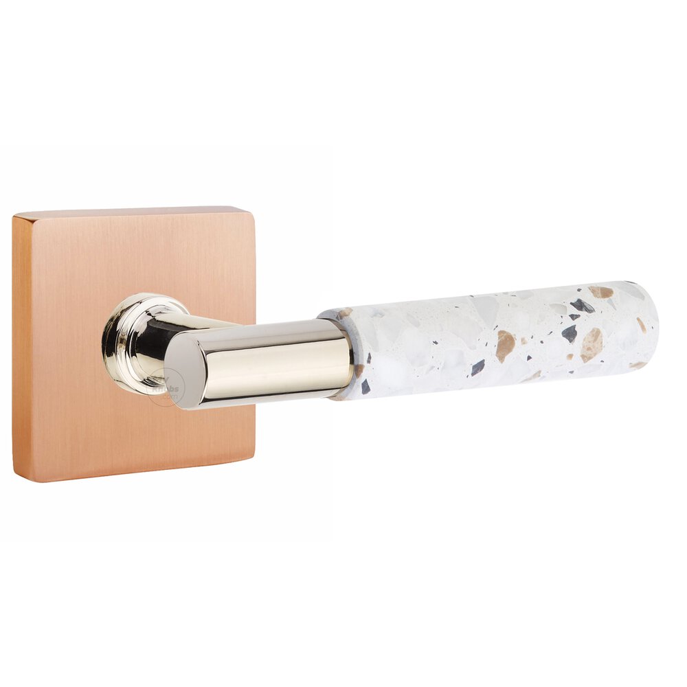 Emtek Privacy Square Rosette in Satin Rose Gold and T-Bar in Polished Nickel Stem with Right Handed Light Terrazzo Lever