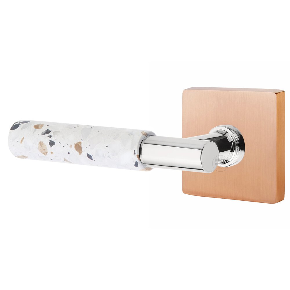 Emtek Passage Square Rosette in Satin Rose Gold and T-Bar in Polished Chrome Stem with Left Handed Light Terrazzo Lever